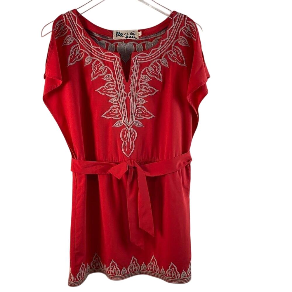 C. Luce Red Embroidered Dress With Slit Sleeves Size Small